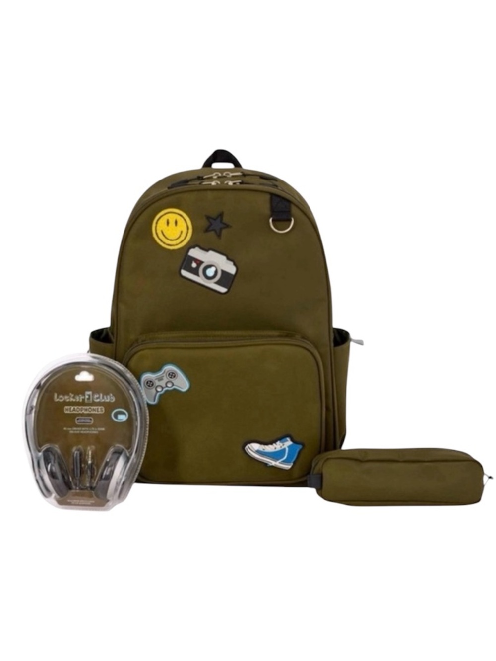 NWT Locker Club Backpack 3pc Set Olive Green Pencil Pouch & Headphones